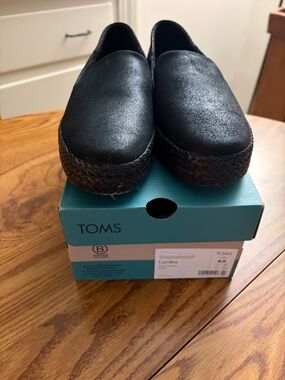 TOMS Black Slip-On Woven-Trim Platform Espadrilles